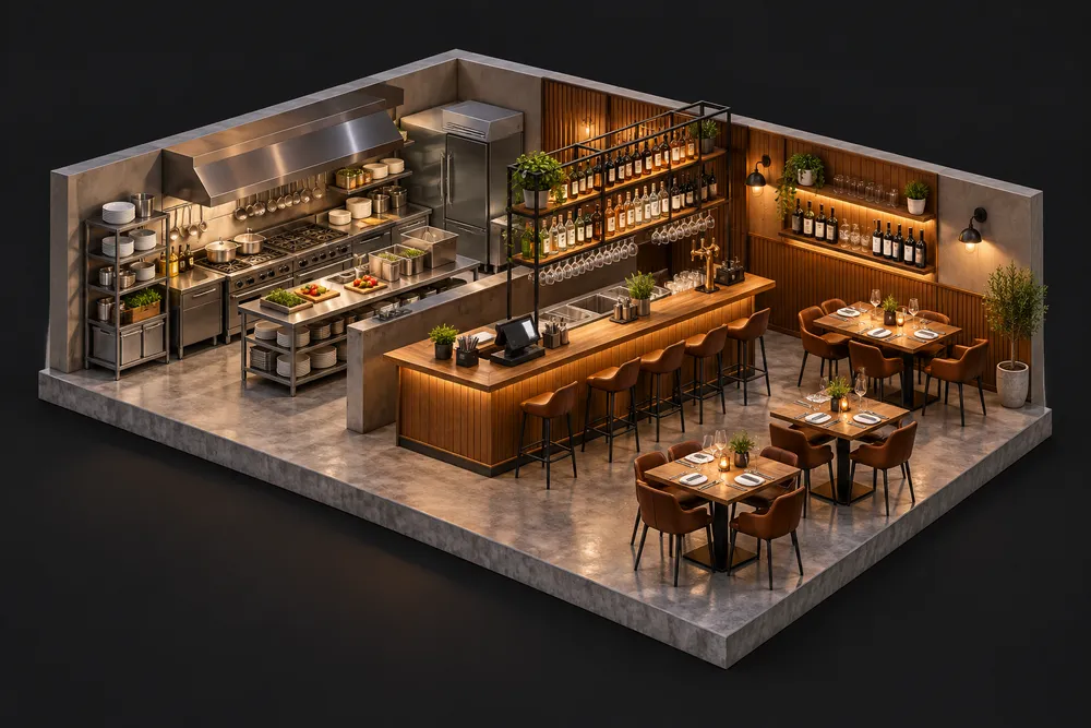 Ilustração 3D de bares e restaurantes