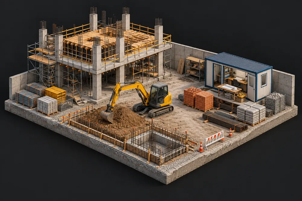 Ilustração 3D de construção e obras
