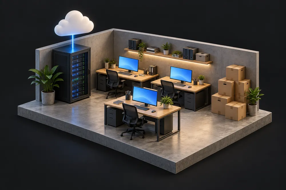 Ilustração 3D de um escritório com o sistema no ar