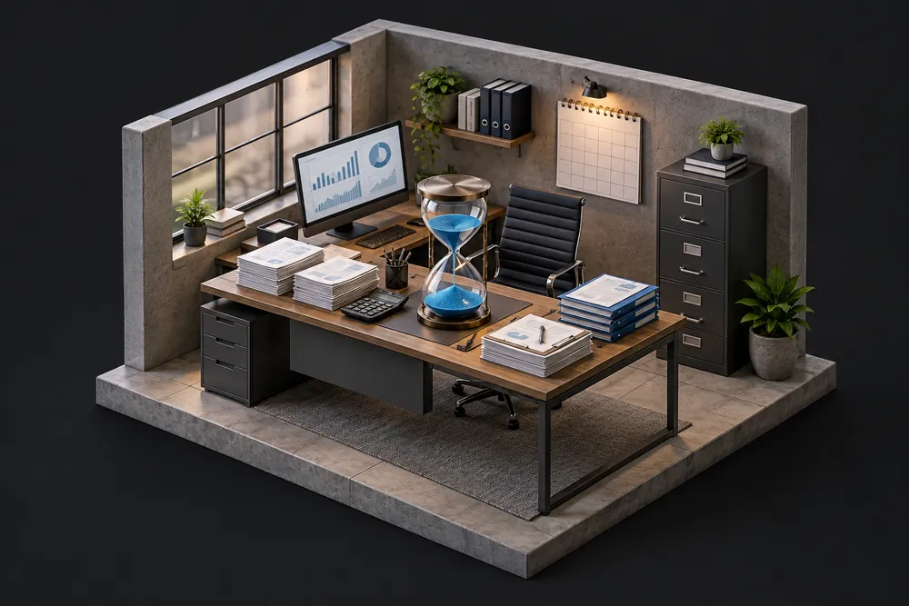 Ilustração 3D de um escritório fiscal com uma ampulheta